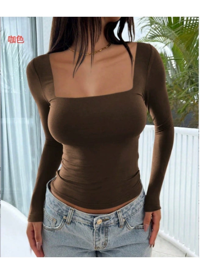 general 2026 Elegant Women's Long-Sleeved Square-Neck Crop Top, Long-Sleeved Pullover Tight-Fitting Casual Fashion Top, Y2K Style Top, T-Shirt - Image 1